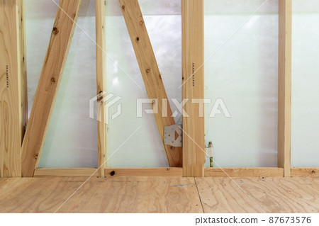 Pillars with seismic hardware at the construction site of a newly built single-family house 87673576