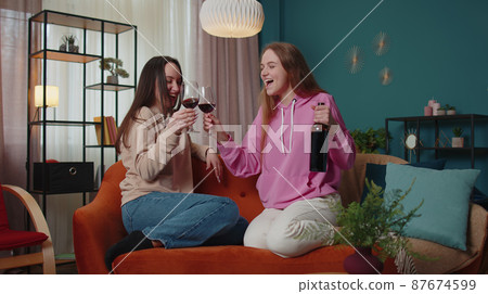 Girls friends siblings clinking glasses of wine cheering, drinking, celebrate birthday home party 87674599