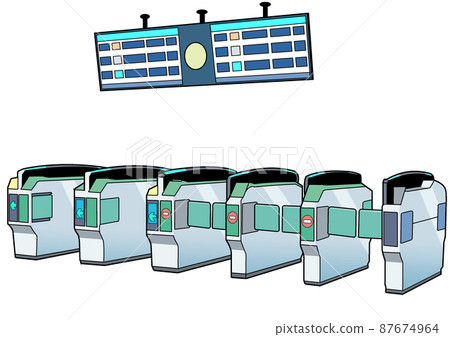 車站自動檢票口和電子公告牌的插圖 [電車/鐵路/JR] 87674964