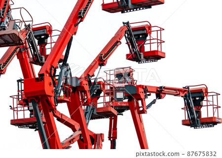 Articulated boom lift. Aerial platform lift. Telescopic boom lift isolated on white background. Mobile construction crane for rent and sale. Maintenance and repair boom lift service. Crane dealership. Articulated boom lift. Aerial platform lift. Telescopic boom lift isolated on white background. Mobile construction crane for rent and sale. Maintenance and repair boom lift service. Crane dealership. 87675832