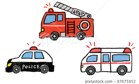 帶手繪插圖的急救車 消防車、救護車、警車 帶手繪插圖的急救車 消防車、救護車、警車 87675852