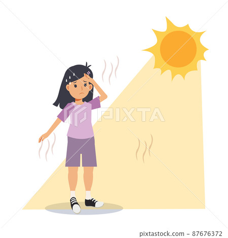 heat stroke concept.Sunstroke and sunburn risk little girl under burning sun. High temperature ,Hot weather.Summer heat stroke concept.Sunstroke and sunburn risk little girl under burning sun. High temperature ,Hot weather.Summer 87676372
