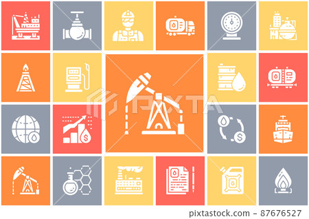 Oil industry icons set. Fuel Truck, Engineer, Gasoline, Cargo Ship vector illustration for advertisement, header banner, website. 87676527