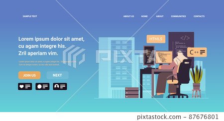 web developer creating program code on computer... - Stock Illustration ...
