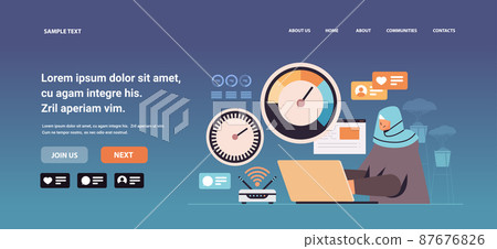 arab businesswoman working on laptop with stress scale emotional overload stress level increased productivity arab businesswoman working on laptop with stress scale emotional overload stress level increased productivity 87676826