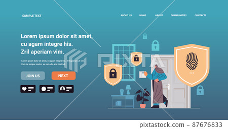 woman touching fingerprint scanner arabic girl controlling smart home devices with biometric scanning security access woman touching fingerprint scanner arabic girl controlling smart home devices with biometric scanning security access 87676833