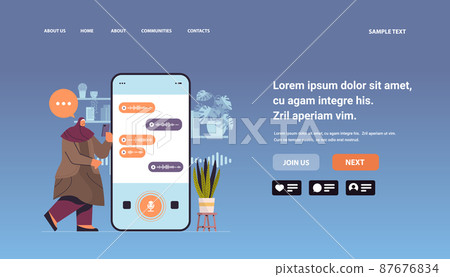 arab woman recording or listening voice messages on smartphone screen audio record sending online communication arab woman recording or listening voice messages on smartphone screen audio record sending online communication 87676834