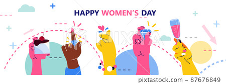 set mix race female hands international happy womens day celebration concept 8th march greeting card 87676849