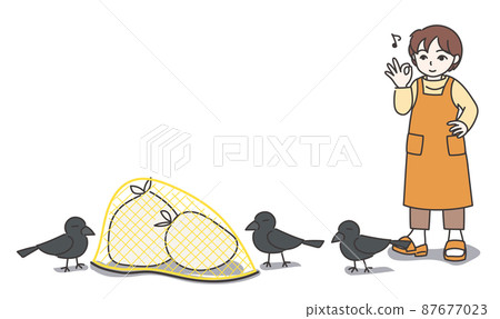 A woman in an apron wearing a garbage bag with a garbage net and signing OK [Color / No wall] 87677023
