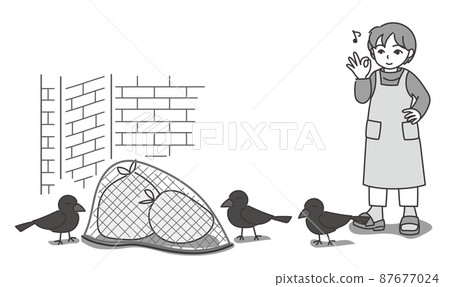 A woman in an apron wearing a garbage bag covered with a garbage net and giving an OK sign B [single color / with wall] 87677024