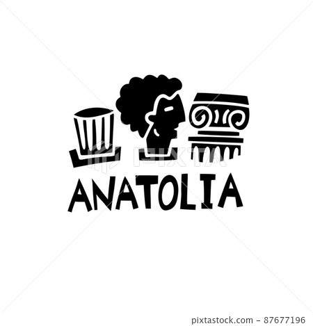 Vector hand drawn symbol of Anatolia. Travel illustration of Republic of Turkey. Hand drawn lettering ancient greek sculptures illustration. Turkish ancient landmark logo 87677196