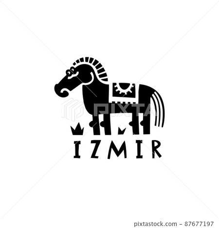 Vector hand drawn symbol of Izmir. Travel illustration of Republic of Turkey. Hand drawn lettering trojan horse illustration. Turkish ancient landmark logo 87677197