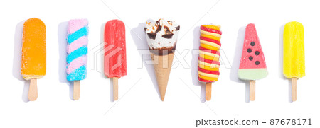 Collection of different colorful popsicles and ice cream on white background. Panorama composition. Collection of different colorful popsicles and ice cream on white background. Panorama composition. 87678171