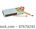 matchbox and red matches isolated on white background. Side view and Blank space 87678292