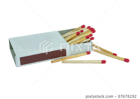 matchbox and red matches isolated on white background. Side view and Blank space 87678292