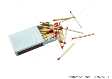 matchbox and red matches isolated on white background. Side view and Blank space matchbox and red matches isolated on white background. Side view and Blank space 87678294