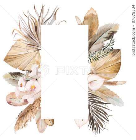 Watercolor Bohemian frame with feathers, dried leaves and tropical flowers illustration 87678534