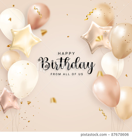 Happy Birthday congratulations banner design with Confetti, Balloons and Glossy Glitter Ribbon for Party Holiday Background 87678606