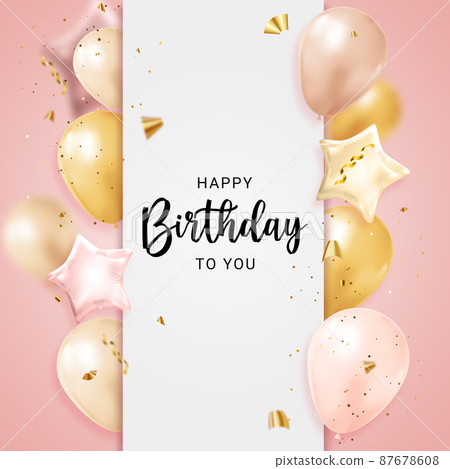 Happy Birthday congratulations banner design with Confetti, Balloons and Glossy Glitter Ribbon for Party Holiday Background 87678608