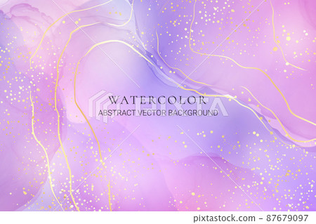 Violet lavender liquid watercolor marble background with golden lines. Pastel purple periwinkle alcohol ink drawing effect. Vector illustration design template for wedding invitation, menu, rsvp 87679097