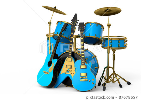Set of realistic drums with metal cymbals on stands and acoustic guitars on white background. 3d render concept of musical percussion instrument, drum machine and drumset 87679657