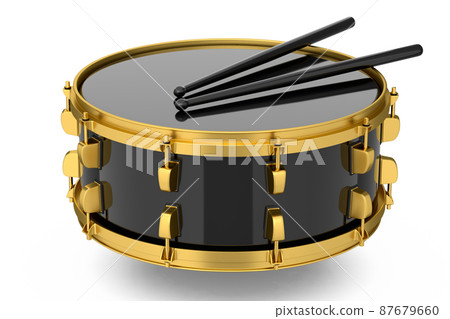Realistic drum and wooden drum sticks on white background. 3d render concept of musical instrument, drum machine. Realistic drum and wooden drum sticks on white background. 3d render concept of musical instrument, drum machine. 87679660