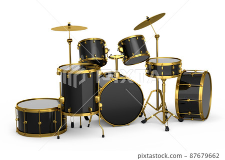Set of realistic drums with metal cymbals on white background. 3d render concept of musical percussion instrument, drum machine and drumset Set of realistic drums with metal cymbals on white background. 3d render concept of musical percussion instrument, drum machine and drumset 87679662