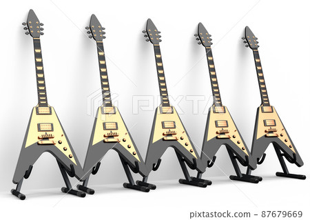 Set of electric acoustic guitar isolated on white background. 3d render of concept for rock festival poster with heavy metal guitar for music shop Set of electric acoustic guitar isolated on white background. 3d render of concept for rock festival poster with heavy metal guitar for music shop 87679669