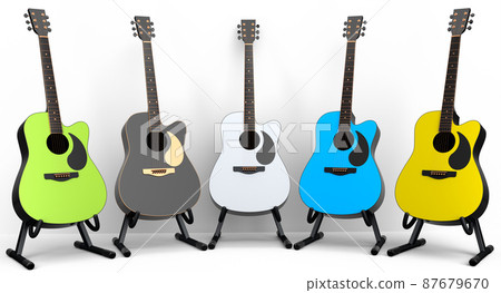 Set of electric acoustic guitar isolated on white background. 3d render of concept for rock festival poster with heavy metal guitar for music shop Set of electric acoustic guitar isolated on white background. 3d render of concept for rock festival poster with heavy metal guitar for music shop 87679670