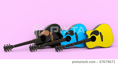 Set of electric acoustic guitar isolated on pinkbackground. 3d render of concept for rock festival poster with heavy metal guitar for music shop Set of electric acoustic guitar isolated on pinkbackground. 3d render of concept for rock festival poster with heavy metal guitar for music shop 87679671