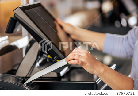 Process of printing invoice for a customer, credit card processor, receipt printer with paper shopping bill and touchscreen monitor, POS Process of printing invoice for a customer, credit card processor, receipt printer with paper shopping bill and touchscreen monitor, POS 87679731