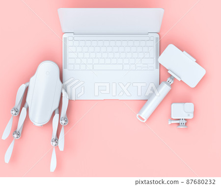 Top view of designer workspace and photography gear on black table background Top view of designer workspace and photography gear on black table background 87680232