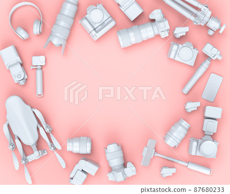Top view of designer workspace and photography gear on black table background Top view of designer workspace and photography gear on black table background 87680233
