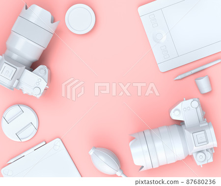 Top view of designer workspace and photography gear on black table background Top view of designer workspace and photography gear on black table background 87680236