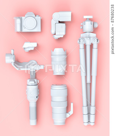 Top view of designer workspace and photography gear on black table background Top view of designer workspace and photography gear on black table background 87680238