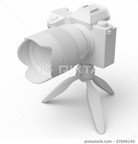 Concept of nonexistent DSLR camera with tripod isolated on white monochrome Concept of nonexistent DSLR camera with tripod isolated on white monochrome 87680240