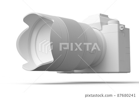 Concept of nonexistent silver DSLR camera with macro lens on white monochrome Concept of nonexistent silver DSLR camera with macro lens on white monochrome 87680241