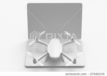 Top view of workspace and photography gear like laptop and drone on white 87680249
