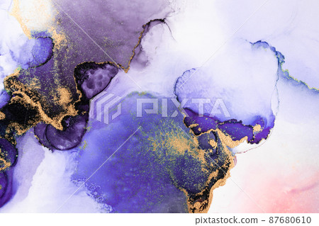 Purple gold abstract background of marble liquid ink art painting on paper . 87680610