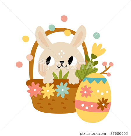 Rabbit in basket with patterned egg. Easter celebration card 87680903