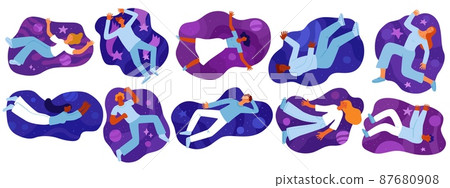 People flying in space. Floating among stars and planets men and women. Cosmic dreams. Persons in weightlessness. Zero gravity. Vector set of young characters relaxing in various poses 87680908