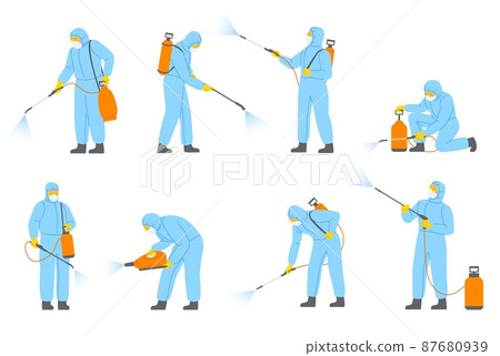 Disinfectors characters. Professionals in uniform sprayed chemicals. Parasites extermination. Insect decontamination. People in protective overalls. Vector disinfection workers set 87680939