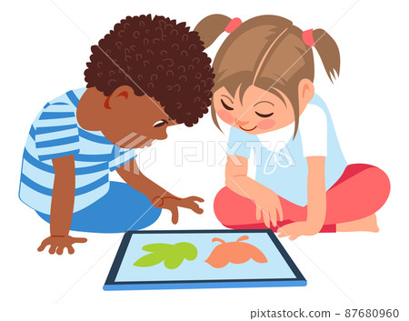 Children looking on tablet screen. Cartoon kids with modern devices Children looking on tablet screen. Cartoon kids with modern devices 87680960