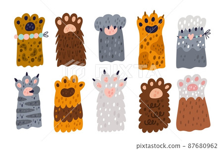 Cat paws. Cute little pets icons. Sweet animals extremity. Different colors and breeds, spotted, striped and fluffy kittens legs. Furry mammals feet with claws. Vector feline limbs set 87680962