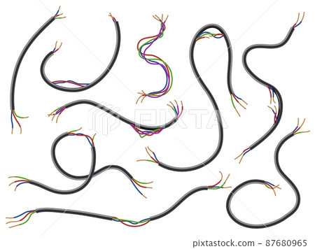 Broken wires. Realistic flexible torn cables with colored wiring. Damaged electrical connections. Different length pieces. Uninsulated current circuit. Vector electricity conductors set 87680965