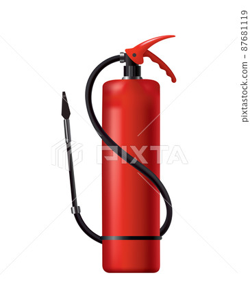 Red fire extinguisher. Isolated portable fire-fighting unit with hose. Firefighter tool for flame fighting attention. Portable fire extinguishing equipment Red fire extinguisher. Isolated portable fire-fighting unit with hose. Firefighter tool for flame fighting attention. Portable fire extinguishing equipment 87681119