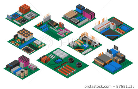 Collection of isometric circuit boards with electronic components. Computer chips technology processor circuit and computer motherboards information system. Collection of technology equipments 87681133