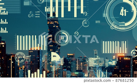 Business data analytic interface fly over smart city showing alteration future 87681250