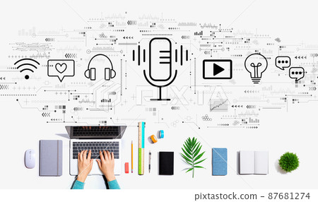 Podcast theme with person using a laptop 87681274