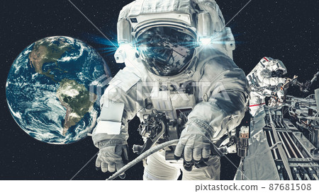 Astronaut spaceman do spacewalk while working for spaceflight mission 87681508